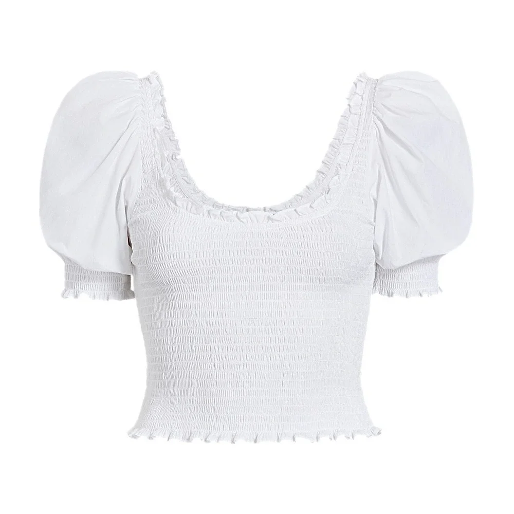 HILL HOUSE Puff Short Sleeve Ruffle Scoop Neck‎ Smocked Cropped Nap Top S